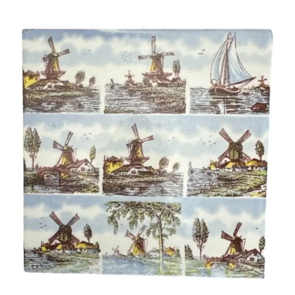 Set of 3 Vintage Delft Hand Painted Unique Colorful 6” Ceramic Tiles